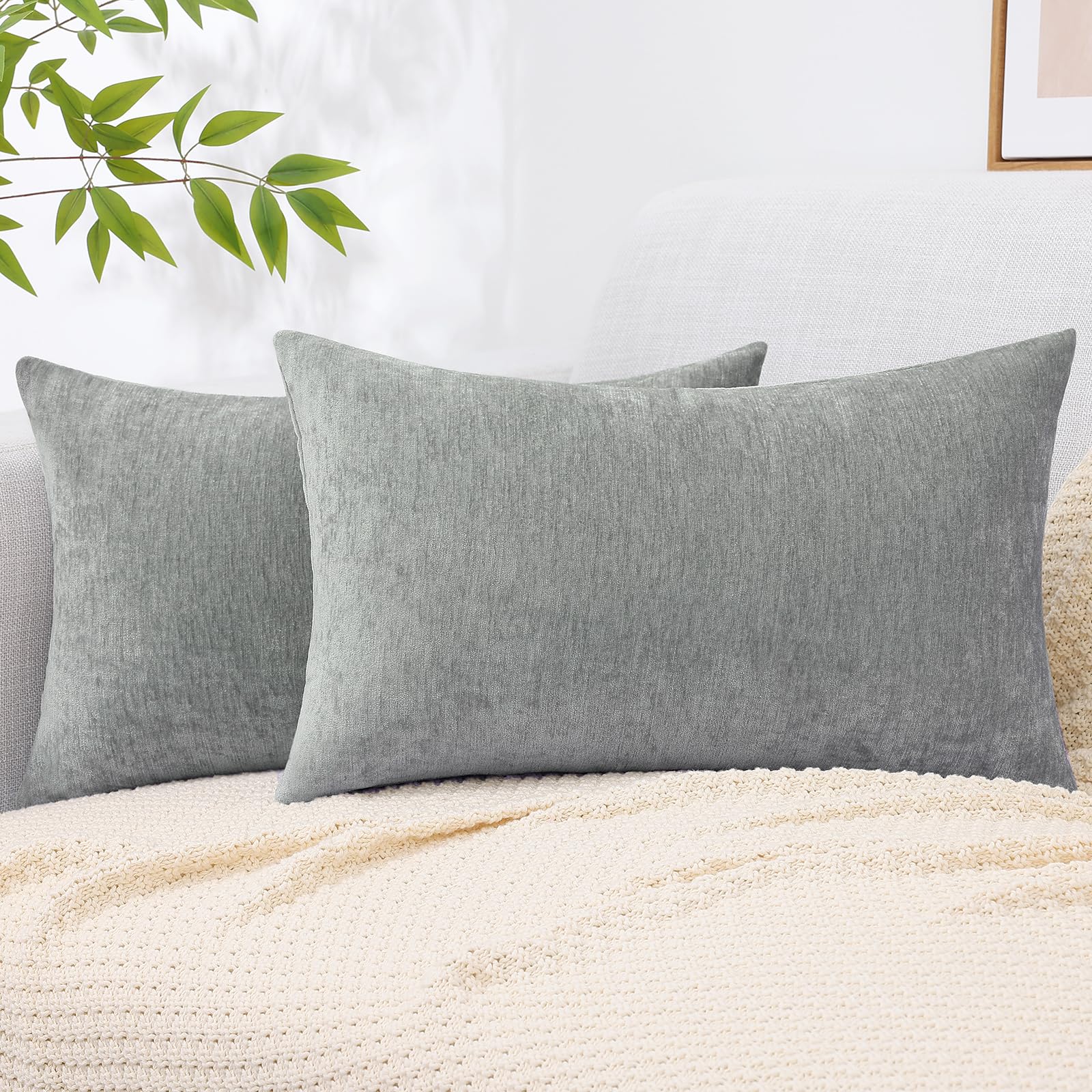 Photo 1 of decorUhome Chenille Grey Throw Pillow Covers 12x20 Inch Set of 2, Decorative Soft Couch Pillow Covers Solid Dyed Accent Farmhouse Neutral Rectangle Pillow Cases for Sofa Bed Living Room