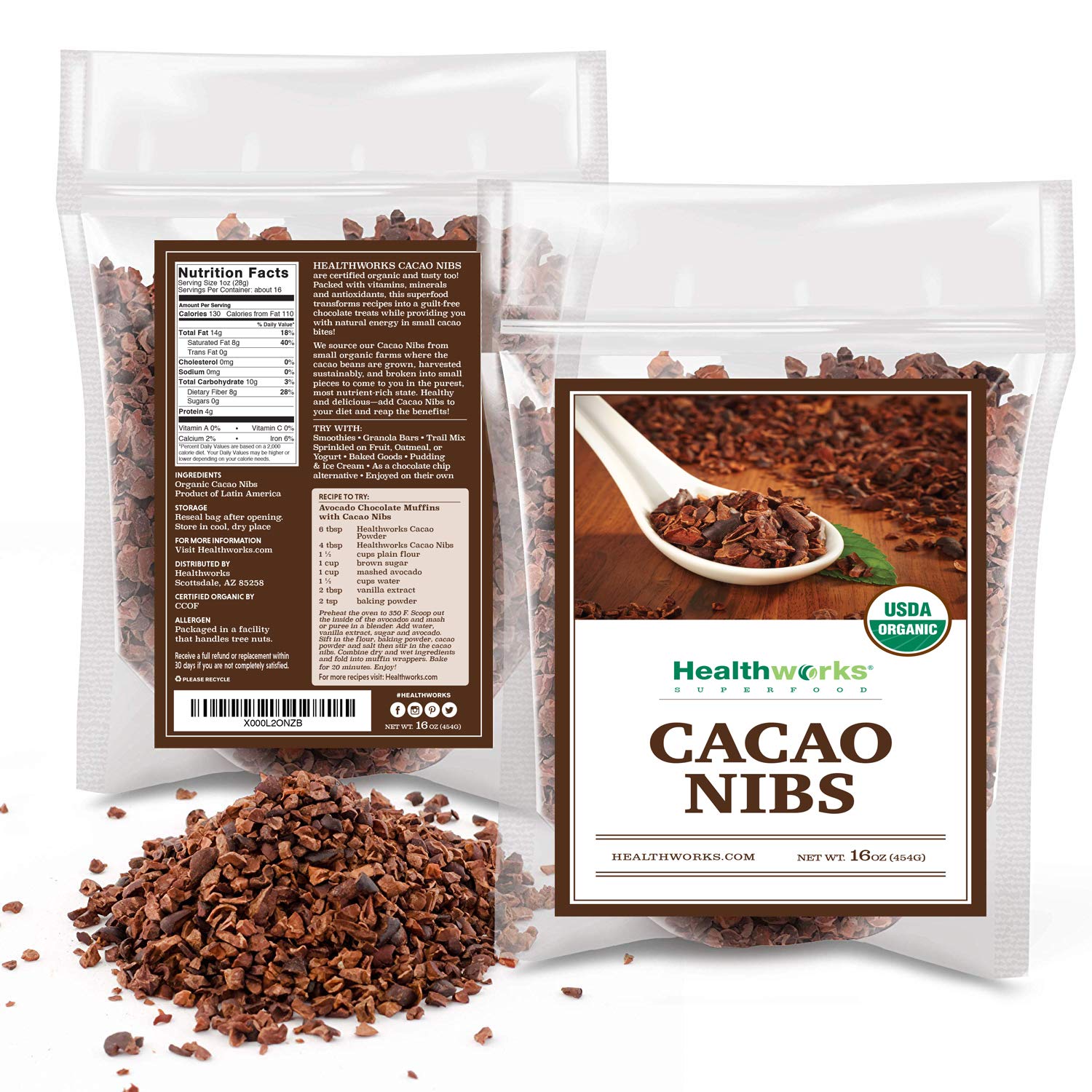 Healthworks Cacao Nibs Raw Organic (16 Ounces / 1 Pound) Unsweetened