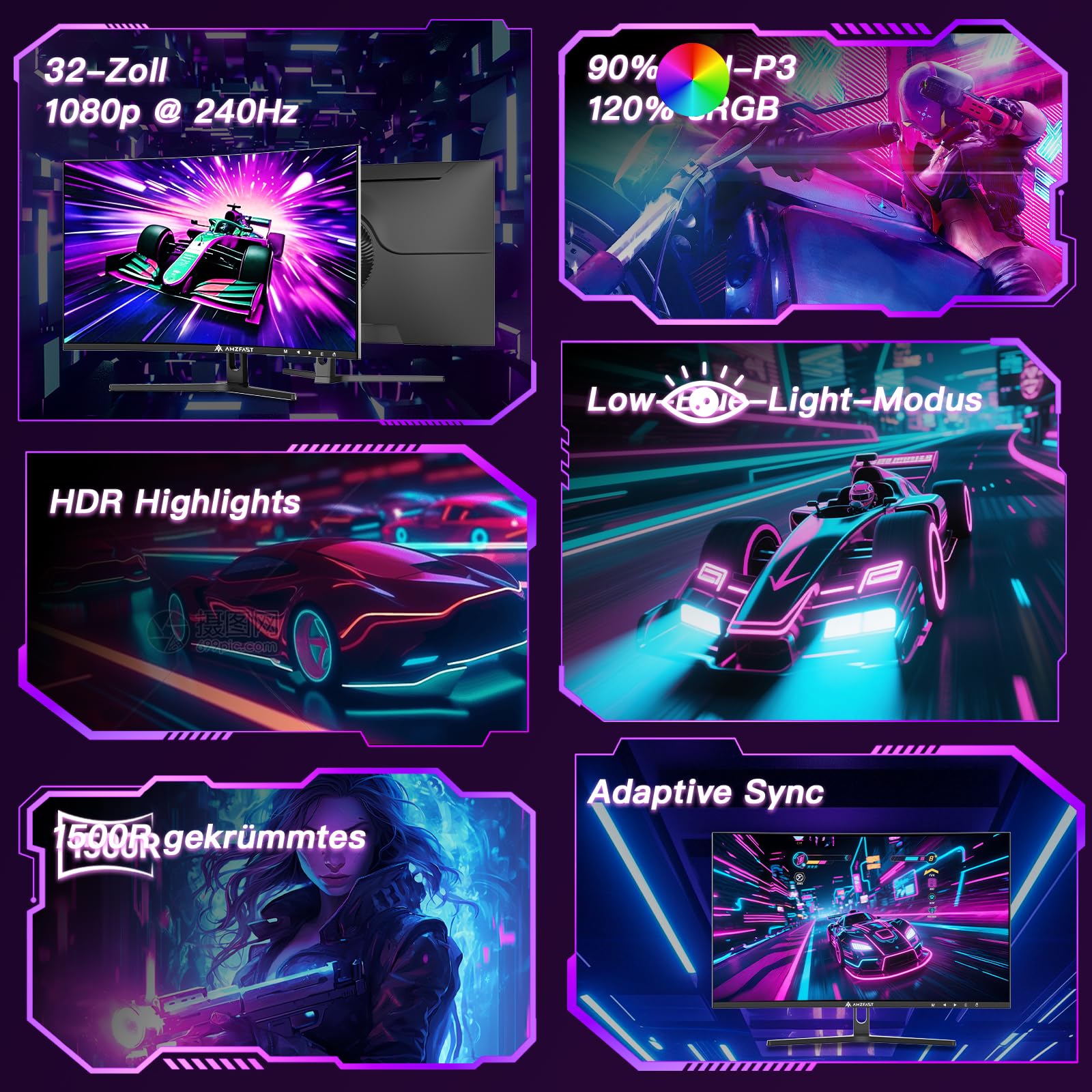 Amzfast 32 Zoll Curved Gaming Monitor (240Hz, 1920x1080, 1ms MPRT, 1500R), Adaptive-Sync, 90% DCI-P3, 120% sRGB, 300cd/m², HDMI 2.0 & DisplayPort 1.4 (AMZG32C3F) 3