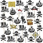YGAOHF Pirate Cupcake Toppers, 32 Pcs Flag Toothpicks, Black Sailing Skull Cap Cupcake Picks for Kids Birthday Party, Baby Shower, Cake Decorations