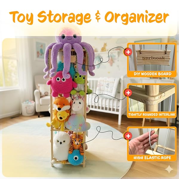 54-INCH TALL STUFFED ANIMAL STORAGE ORGANIZER – PREMIUM WOODEN PLUSH TOY HOLDER ZOO, LARGE TOY STORAGE TOWER WITH ELASTIC ROPE & SIDE STORAGE BAG FOR KIDS ROOM, NURSERY, PLAYROOM, CORNER (SPRINOAK)