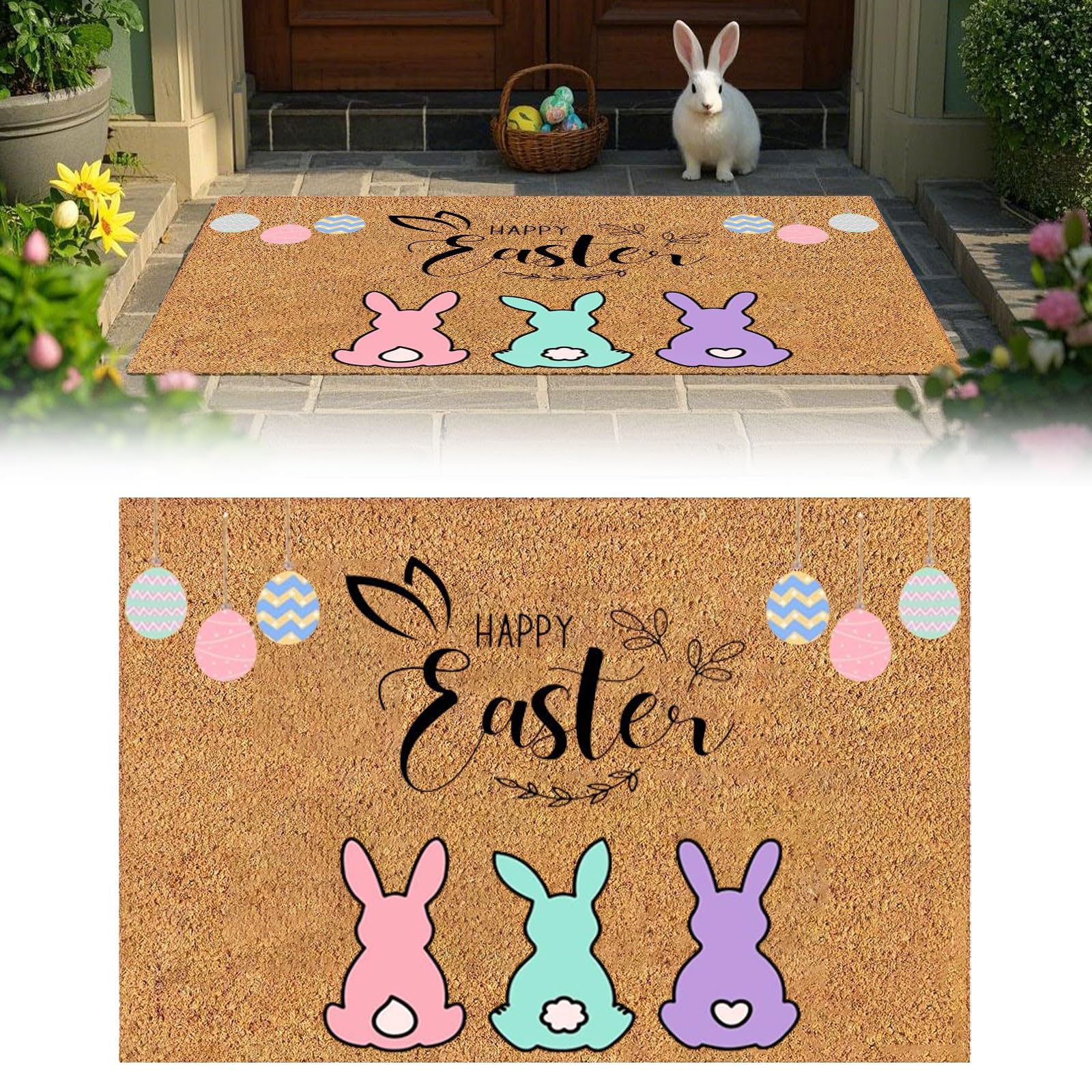 Easter Decorations,Coir Easter Bunny Door Mat,Happy Easter Front Door Rugs,Non Slip Doormat for Outdoor Indoor for Entryway, Easter Egg Door Mats for Living Room Kitchen Decor Easter Gifts - Image 7