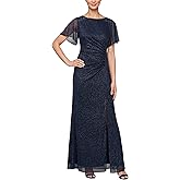 S.L. Fashions Womens Glitter Mesh Stretch Dress W/Shoulder Embellishment Formal Long Gown, (Petite and Regular Sizes)