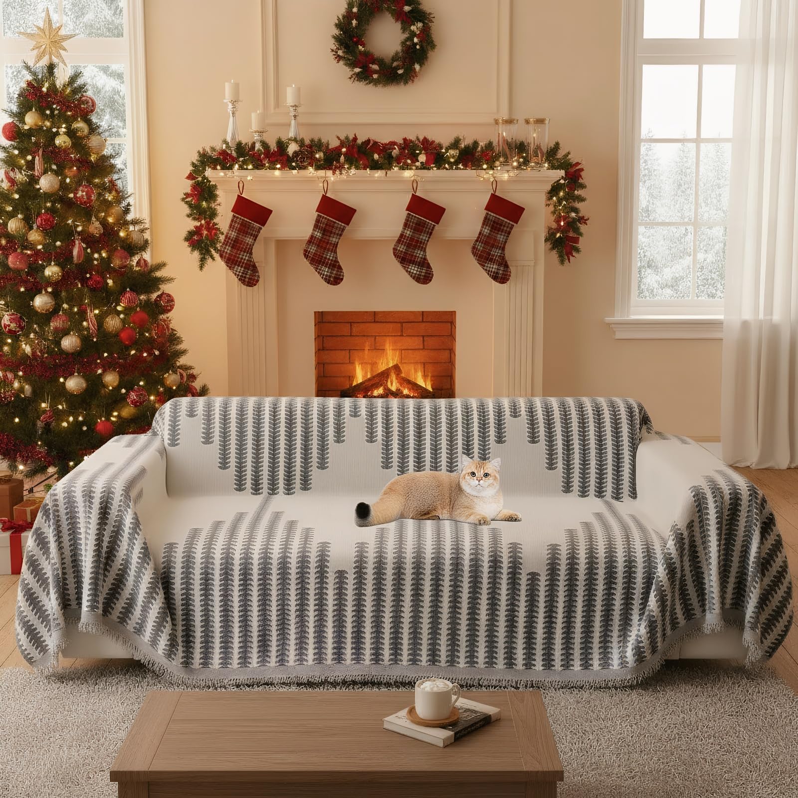 OKYUK Boho Chenille Sofa Cover 2/3/4 Seater & Corner Sofa - Washable, Tassel Design, Pet-Friendly, Breathable, All-Season Multi-use Living Room Furniture Protector(Boho Grey, Large (180 * 260cm)