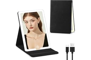 Jadazror Travel Makeup Mirror with Lights, PU Leather Cover Vanity Mirror with 3 Light Settings, Rechargeable 1500mAh Lighted Makeup Mirror Portable Ultra-Slim LED Cosmetic Mirror of 8x5.5inch