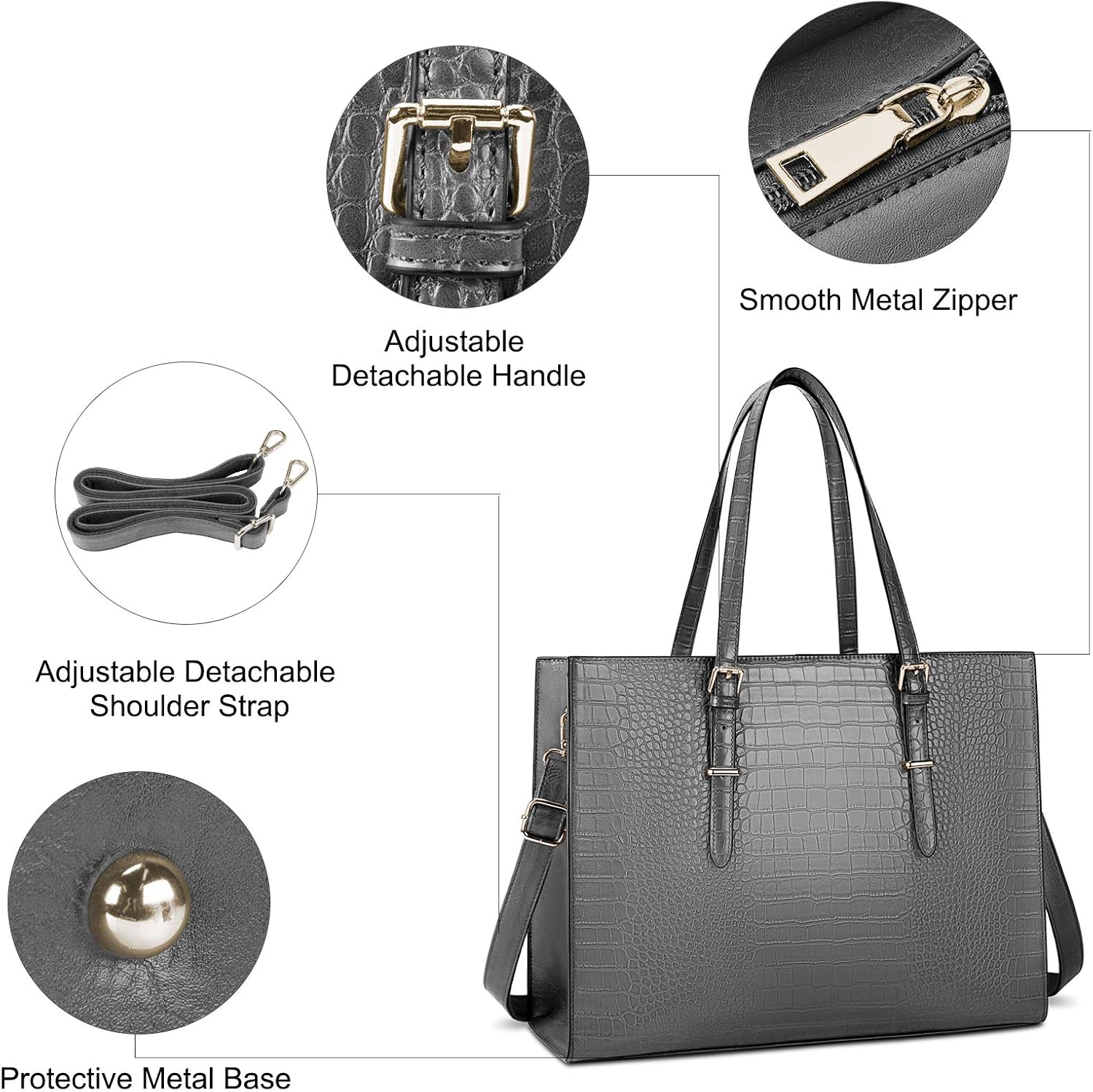 Lubardy Laptop Bags for Women Tote Bag 15.6 Inch Leather Large Ladies Handbag Work Bag Designer Business Shoulder Shopping Office Bag Grey - Image 5