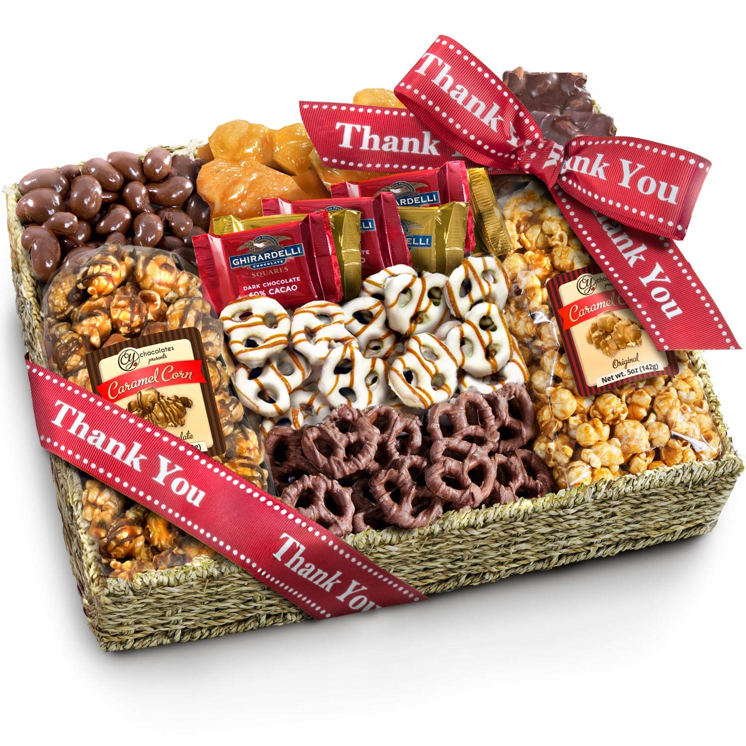Thank You Chocolate Caramel And Crunch Grand Gift Basket With Snacks Pretzels Ghirardelli And Chocolate Covered Nuts Buy Online In Dominica At Dominica Desertcart Com Productid