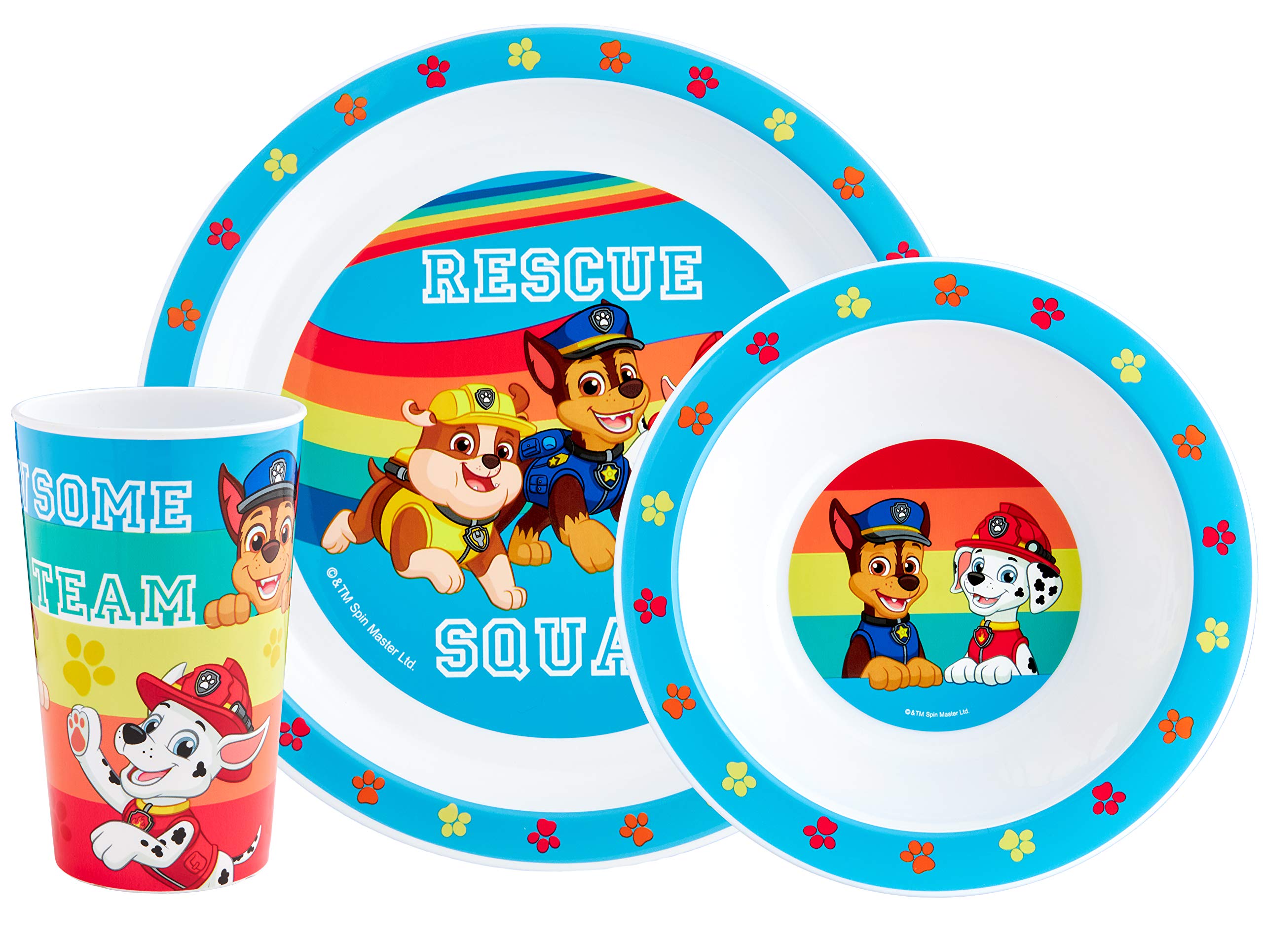 PAW Patrol Kids Tableware Set – 3 Piece Reusable PP Plate, Bowl & Cup Set for Children – Skye, Chase, Marshall, Rubble Tumbler & Dinnerware Set for Mealtimes – for 36+ Months & Up