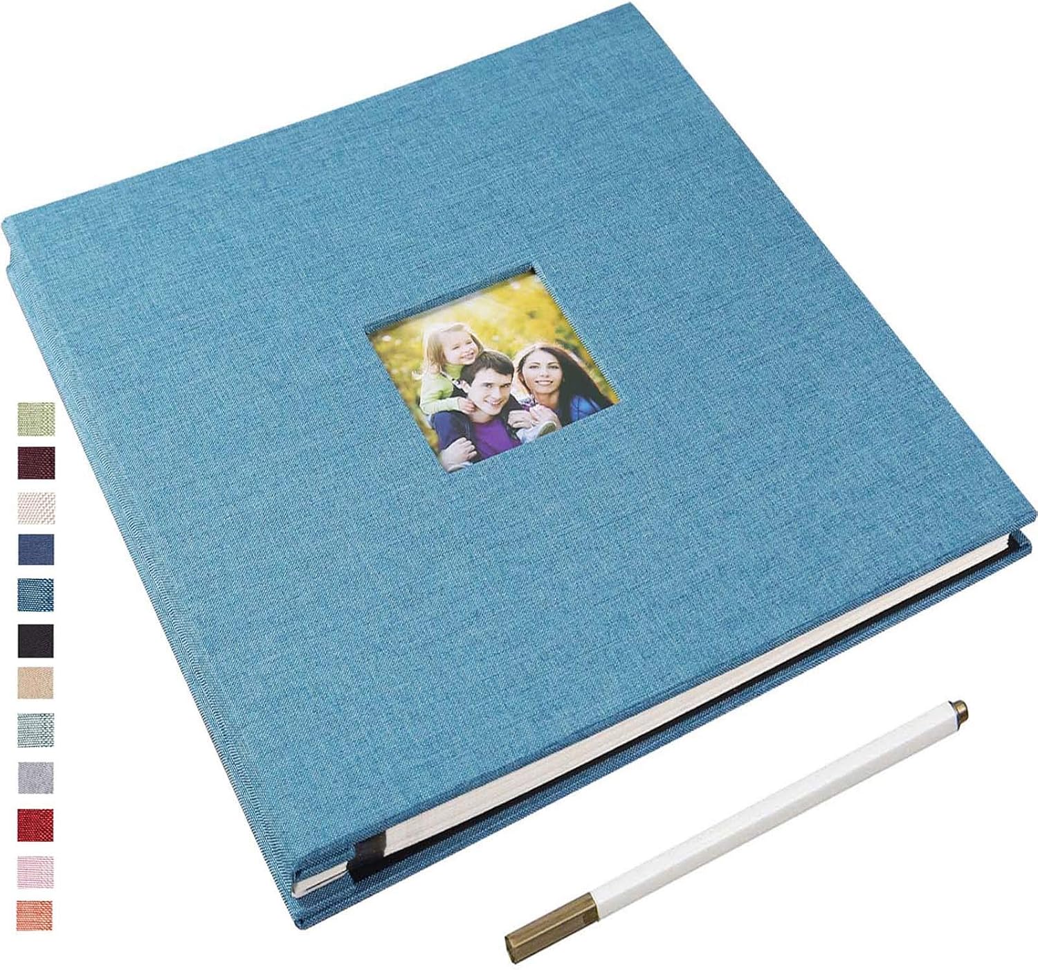 Yopih Self Adhesive Photo Album 33x32cm Fits 10x15 8x13 13x18 15x20 20x25 cm Photo Scrapbook with Window 40 Pages Linen Cover with A Metallic Pen DIY Memory Book for Baby Wedding Family Skyblue