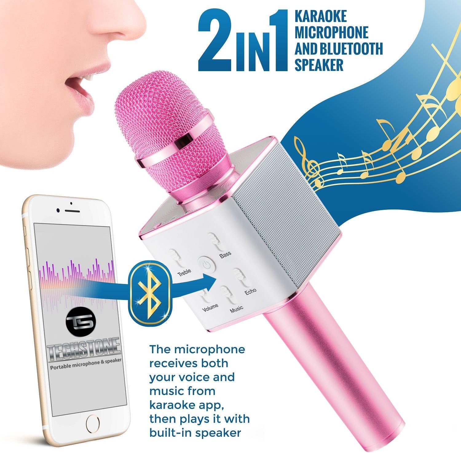 Upgraded Wireless Karaoke Microphone Bluetooth Speaker, TechStone Portable 3-in-1 Handled Multi-function Bluetooth Microphone and Built-in Speaker for Mobile Phone, PC and Smart Devices (Pink)