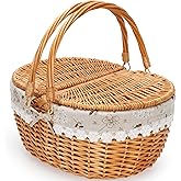 ZORMY 15" Wicker Picnic Baskets with Removable Liner, Empty Picnic Basket with Lid, Picnic Hamper with Folding Woven Handles for Picnic, Camping, Outdoor, Halloween, Thanks Giving - WhiteKapok