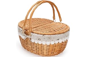 ZORMY 15" Wicker Picnic Baskets with Removable Liner, Empty Picnic Basket with Lid, Picnic Hamper with Folding Woven Handles 