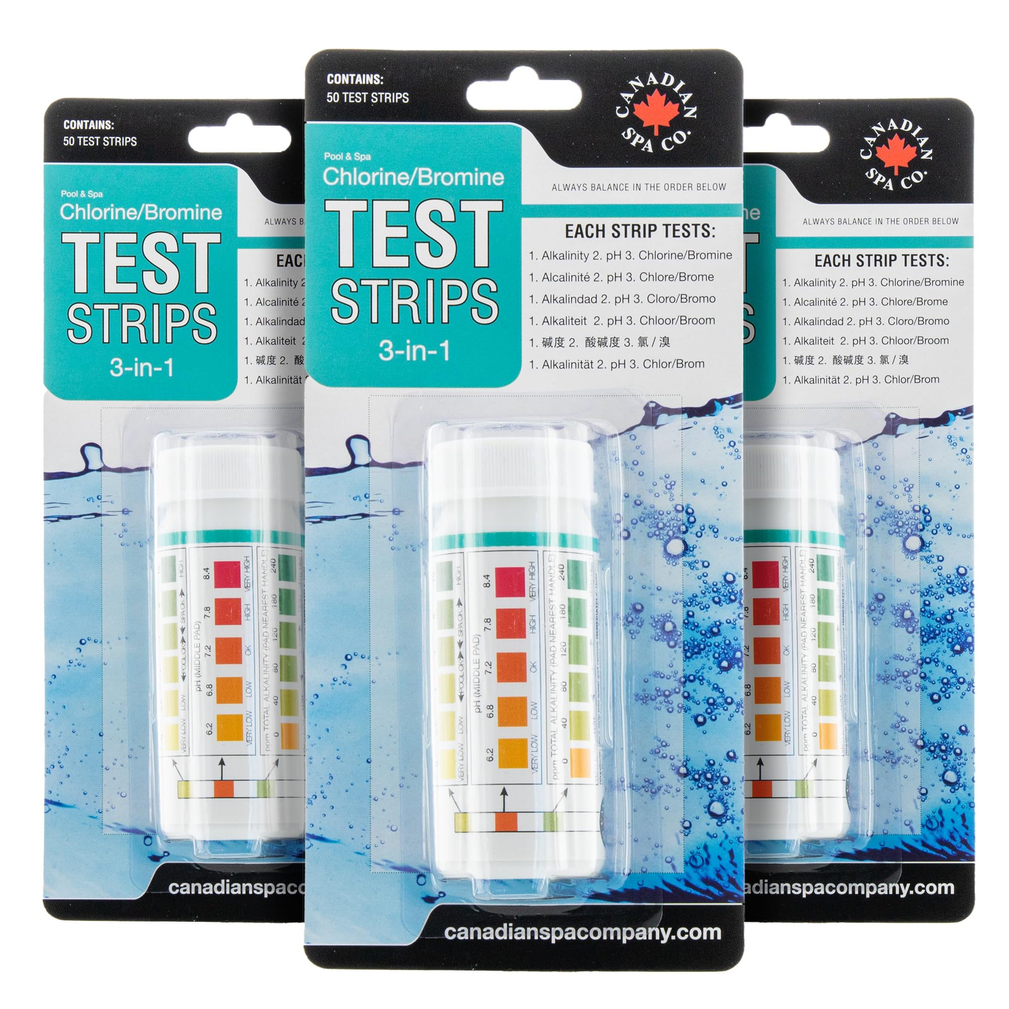 CANADIAN SPA CO. Hot Tub Test Strips, 150 Strips Pool and Spa Test for pH, Total Alkalinity, Free Chlorine and Bromine, Precise 3 in 1 Pool Water Testing Kit