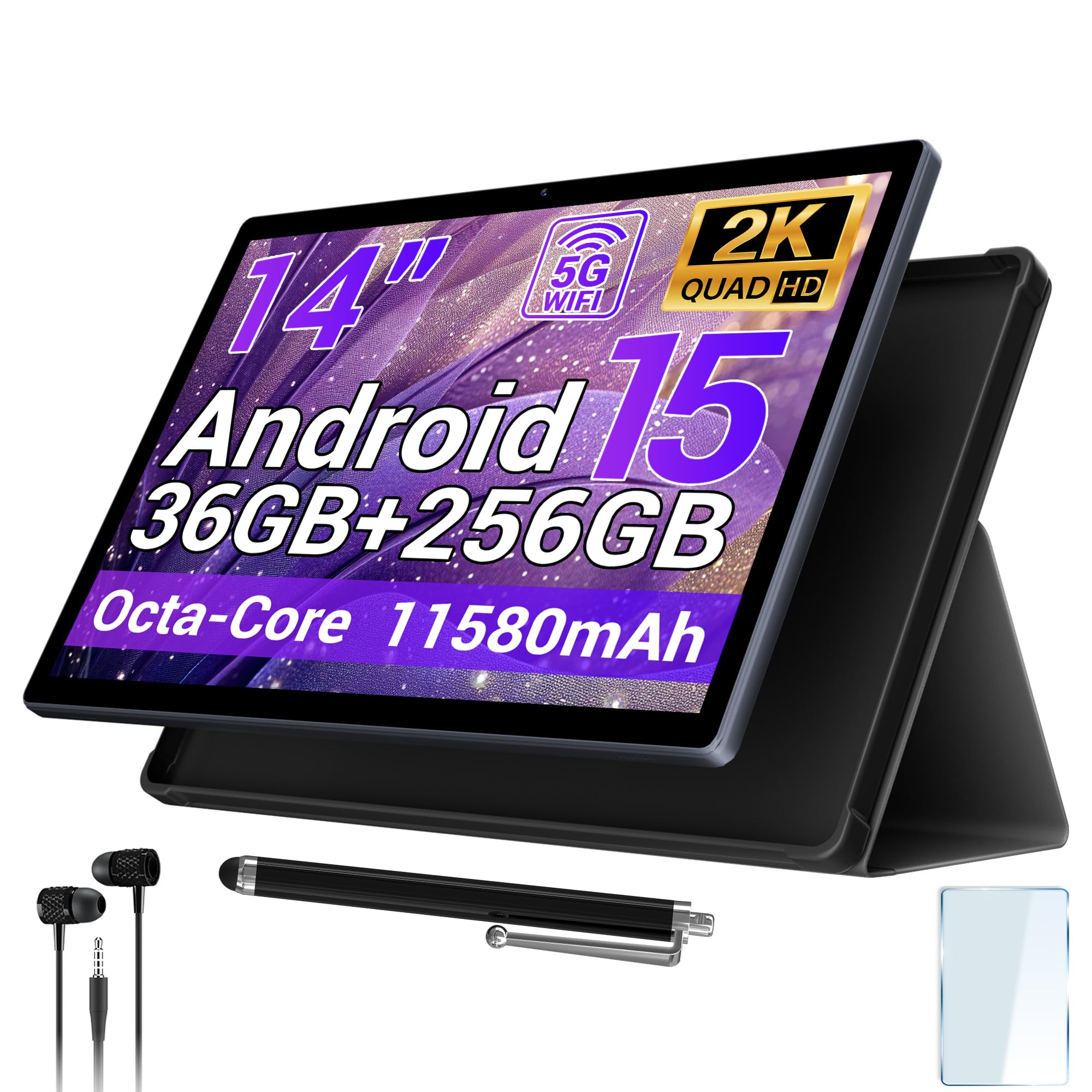 Photo 1 of ROSYVIBE 2025 14 Inch Android 15 Tablet with Stylus, 2K FHD Display, 36GB RAM 256GB ROM (1TB TF), 11580mAh Battery,MT6769 8-Core 2.0GHz,4 Speakers,8+13MP with Earphones, FM Radio, GPS, FCC/CE - Gray