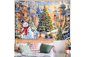 Invoibler Christmas Tapestry Xmas Tree Snowman Tapestries Winter Snow Christmas Decorations Happy New Year Backdrop Decor Warm Castle Tapestry Wall Hanging for Bedroom((59.1 x 82.7 inches)