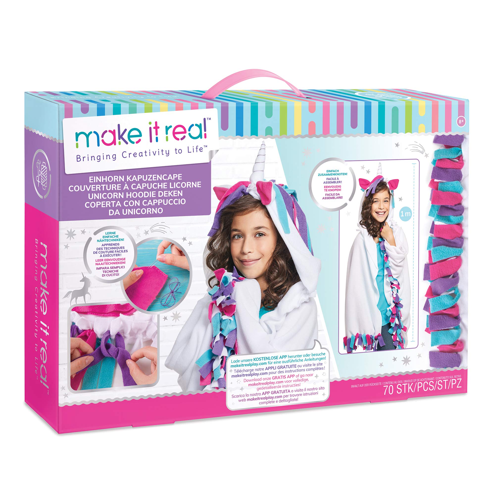 Make It Real – Unicorn Hoodie Blanket. Wearable Unicorn Hooded Blanket Arts and Crafts Kit for Girls. DIY Kit Guides Tweens to Create Their Own Unicorn Hoodie Fleece Knotted Blanket