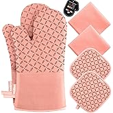 KEGOUU Oven Mitts and Pot Holders 6pcs Set, Kitchen Oven Glove High Heat Resistant 500 Degree Extra Long Oven Mitts and Potholder with Non-Slip Silicone Surface for Cooking (Pink)