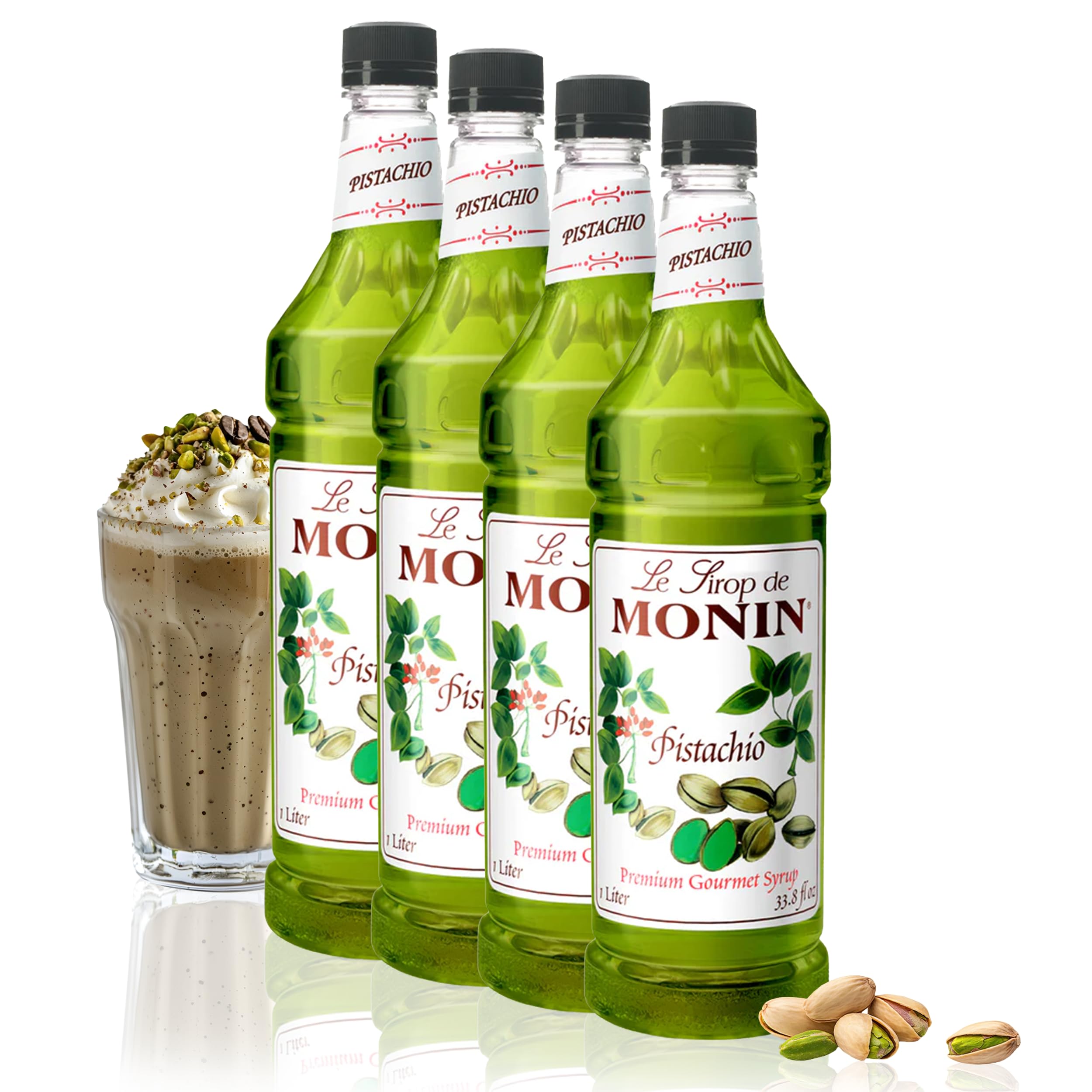 Monin - Pistachio Syrup | Rich & Buttery Sweetness, Premium Syrup for Coffee, Cold Brews & More | Clean Label with No Artificial Flavors, No Artificial Preservatives (BPA Free Bottle, 1 Liter, 4-pack) Image
