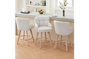SAECKBERG 360°Swivel Counter Height Bar Stools with Back, 26 inch Solid Wood Legs, Bar Stool Modern Kitchen Island Chairs, Fabric (Beige- Fabric, 26" H- Set of 3)