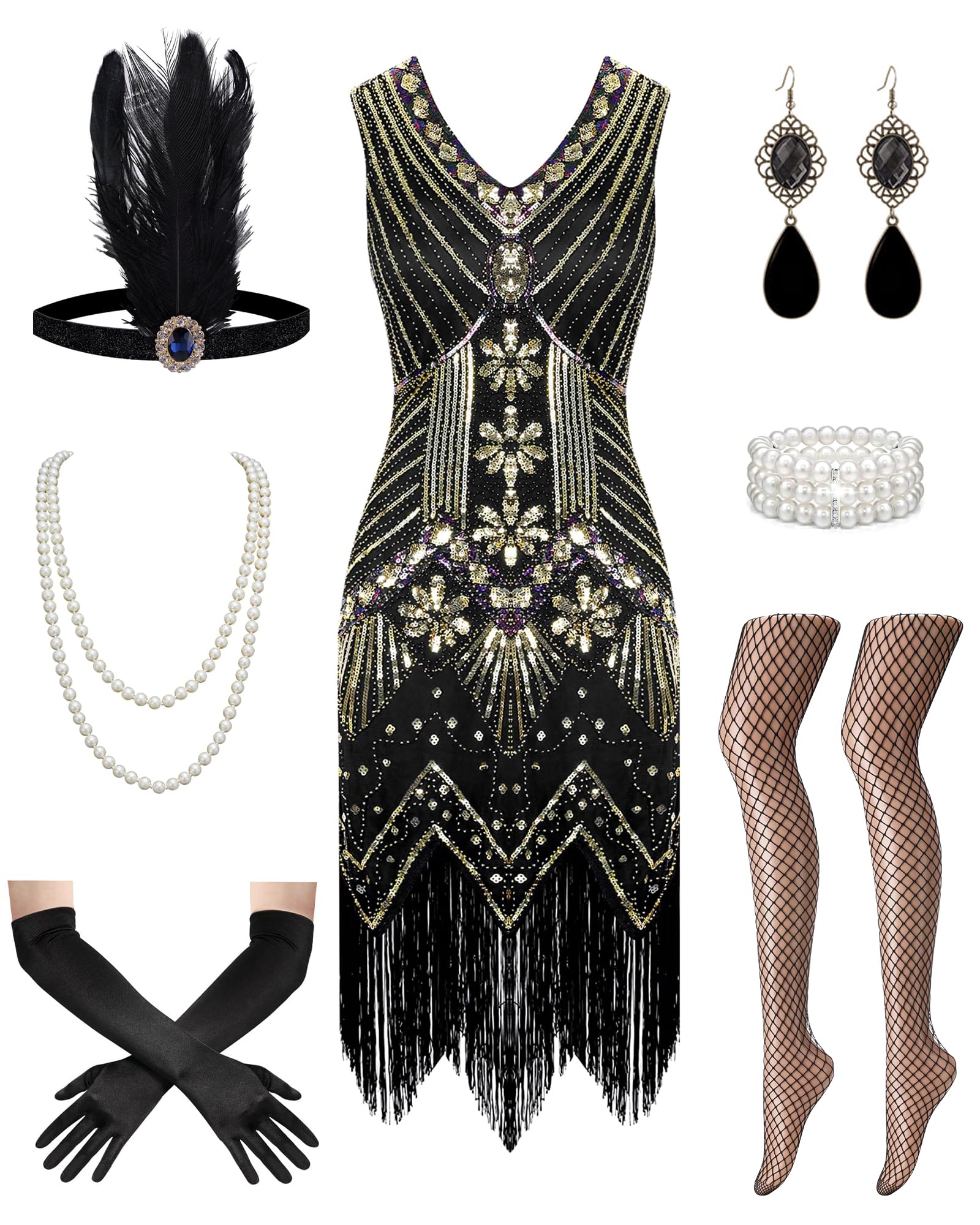 Photo 1 of 1920s Great Gatsby Dresses for Women Roaring 20s Flapper Dresses Costumes for Women Sequin Fringe Set with 1920s Costumes Accessories Black XL