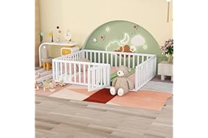 LostCat Queen Size Wood Floor Bed Frame with Fence, Montessori Floor Bed w/Door, Kids Noise Free Beds, No Box Spring Needed, Easy Assembly, for Children, Toddlers, White