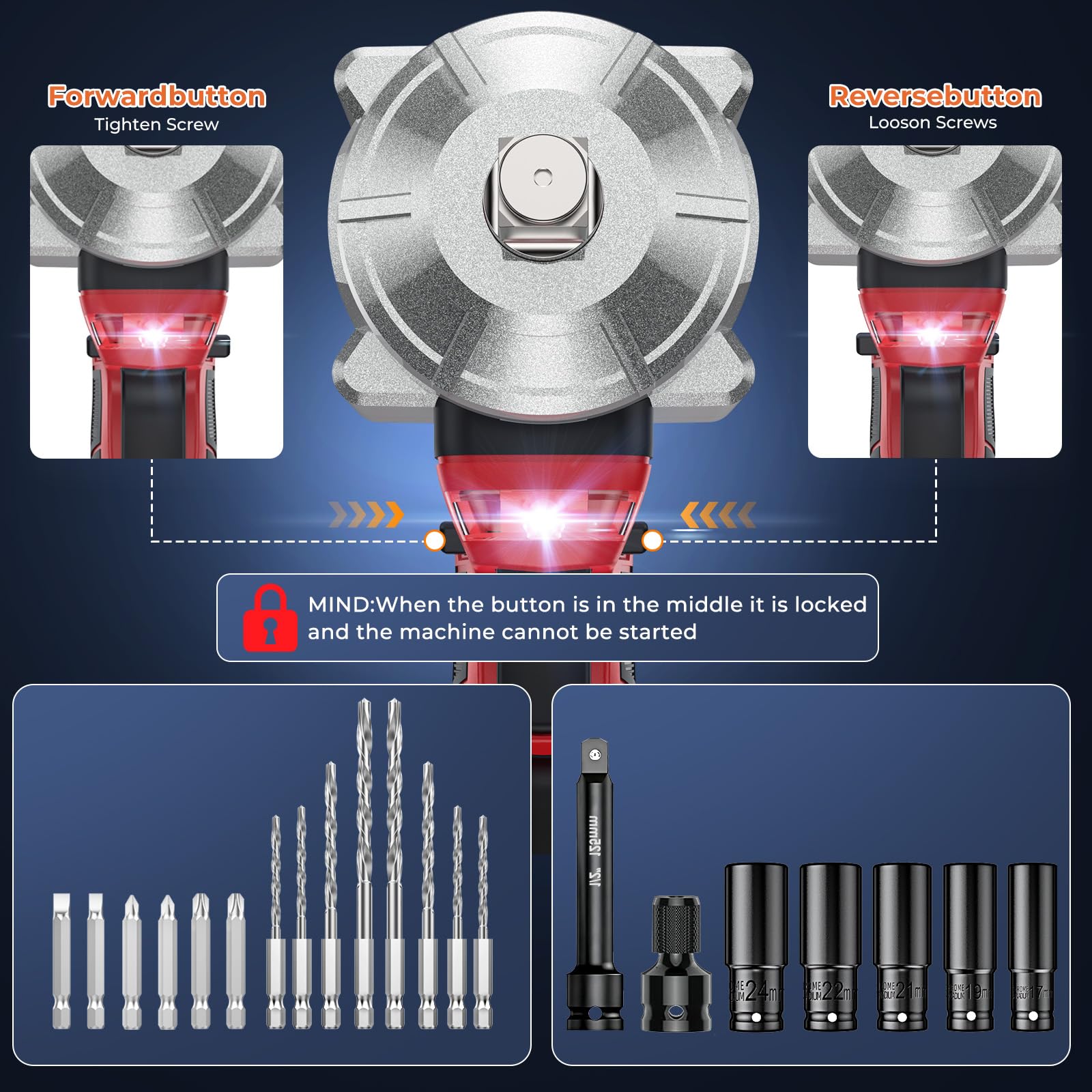 XIAZIR Akku Schlagschrauber 1200Nm / Akkuschrauber/Akkubohrer - High Torque 1/2" Impact Gun mit Brushless Motor, 2×4.0Ah Akkus, Stecknüsse, Bohrer & Bits – für Auto, DIY & Profi-Arbeiten 6