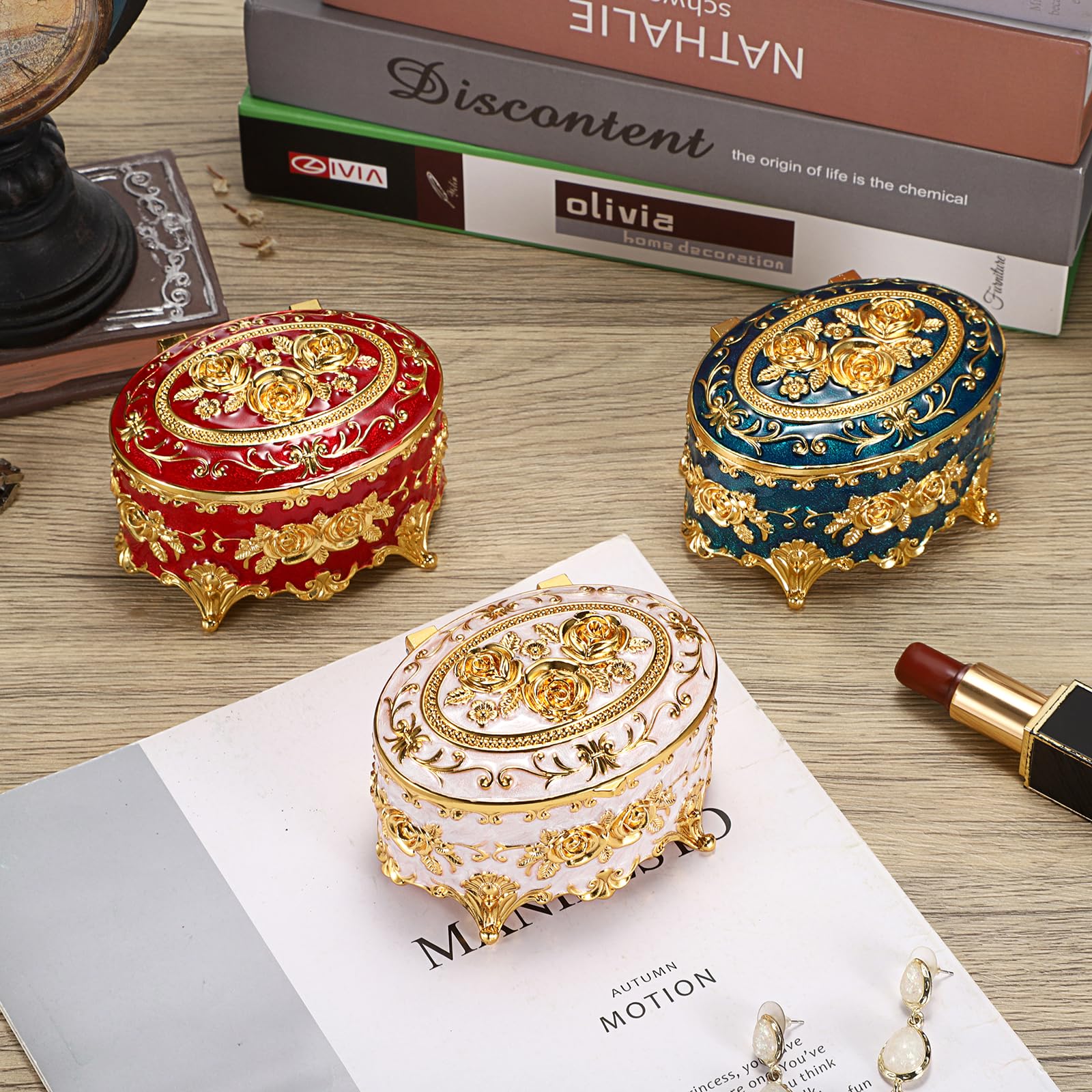 Hipiwe Vintage Metal Jewelry Box - Oval Trinket Box Ring Case with Rose Pattern Jewelry Storage Box for Ring Earrings Necklace, Keepsake Box for Women