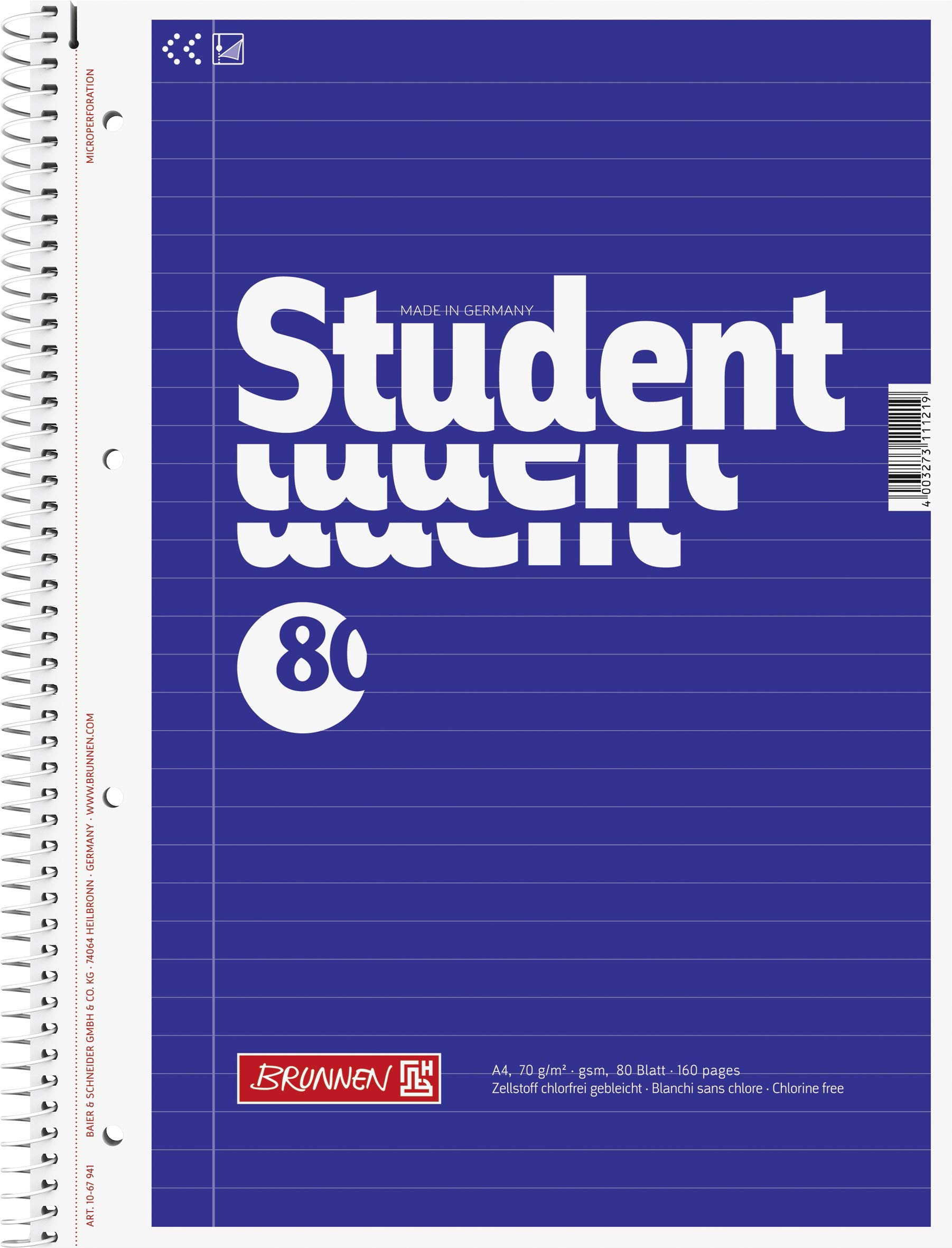 Brunnen 106794118 1067941 Student Notepad A4 Lined 70 g/m² 80 Sheets Pack of 5