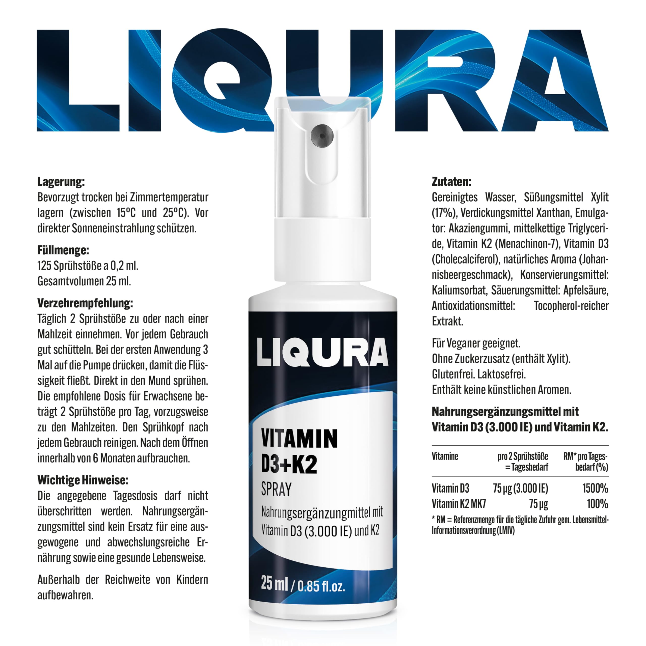 LIQURA Vitamin D3 K2 Spray mit MK7-Depot - hochdosiert (3000 IE) in 2 Sprühstößen - Einfache Dosierung und Alternative zu Vitamin D3 K2 Tropfen oder Kapseln. 125 Sprühstöße, 2 Monate, Vegan 25ml 8