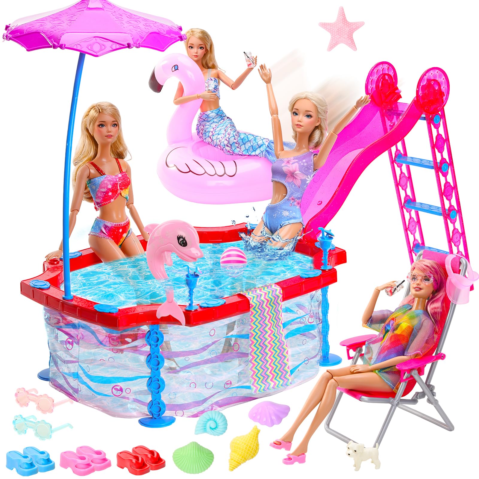 Miunana 23 Doll Swimming Pool Play Set with 19 Pool Accessories Beach Chairs Swimming Ring and 4 Sets Swimsuit Doll Clothes Mermaid Swimwear for 11.5 Inch/30cm Dolls — image 1