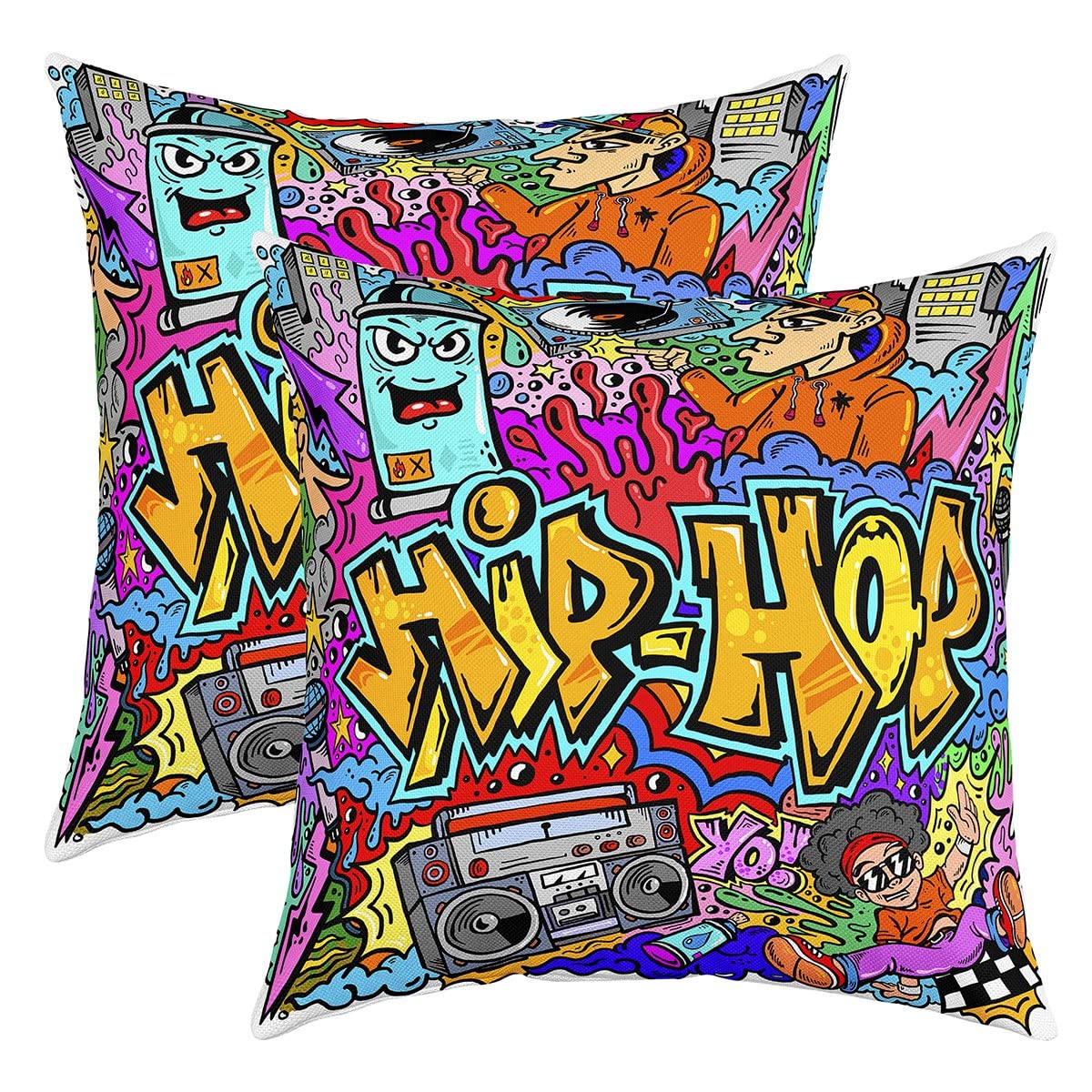 Loussiesd Hip Hop Decor Throw Pillow Covers 16"x16" Set of 2 Hippie Graffiti Style Cushion Covers for for Sofa Graffiti Graphic Street Culture Grunge Art Decorative Pillowcases Outdoor Pillows Covers