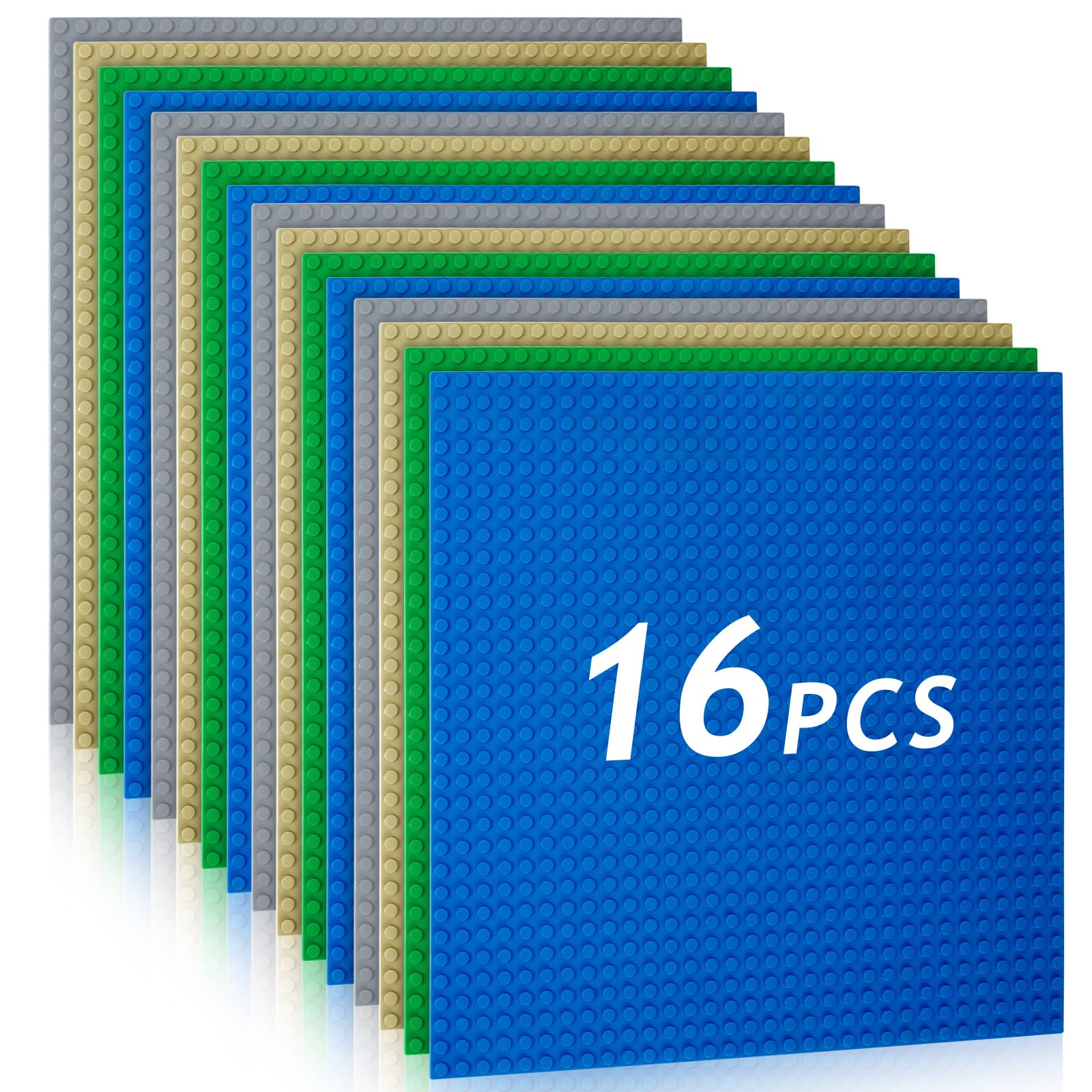 HOTUT Classic Baseplates, 16 Pack Square 32x32 Stud Building Base, 10"×10" Large Building Board Base Plates, 100% Compatible with All Major Brands, Build and Display Board Set - Grey/Green/Sand/Blue