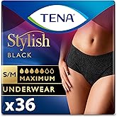 Tena Stylish Black Incontinence Underwear for Women, Maximum Absorbency, Small/Medium, 36 ct (2 Packs of 18)