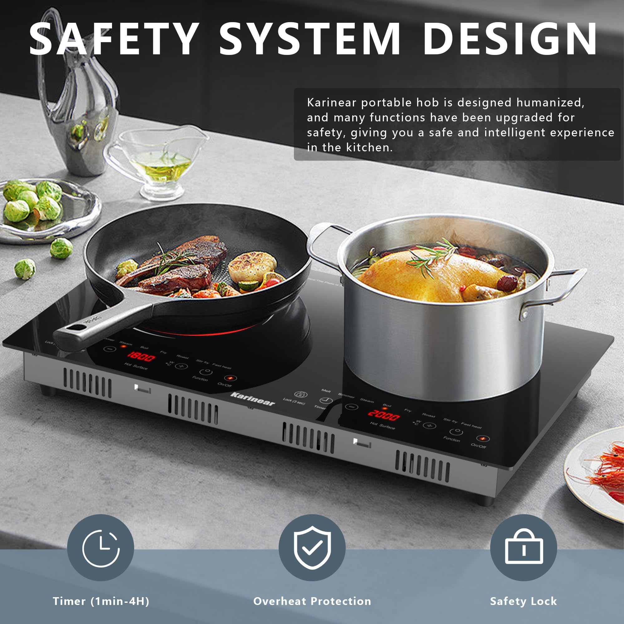Karinear 2 Burners Electric Cooktop 24 Inch, 110v~120v Countertop and Built-in Elecric Stove Top, Portable Electric Radiant with Outlet Plug, Sensor Touch, Child Safety Lock, Timer(white)