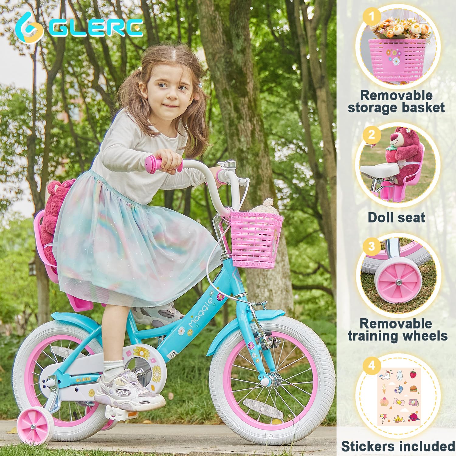 Glerc Maggie Girls Bike, 12-20 Inch Kids Bike for 2-13 Years Old Children, Princess Style Kids Bicycle with Doll-Seat & Basket & Training Wheels, Multiple Colors