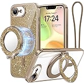 Meifgino Magnetic Case with Removable Phone Ring Stand for iPhone 16E 6.1’’, [Glitter Card & Wrist Strap] [MagSafe Compatible] [Built in Mirror] Phone Ring Stand + Phone Case Kit, Desert Titanium