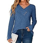Glamaker Women's Fall Long Sleeve V Neck Tunic Tops Lightweight Button Casual Soft Loose Blouse Sweatshirts