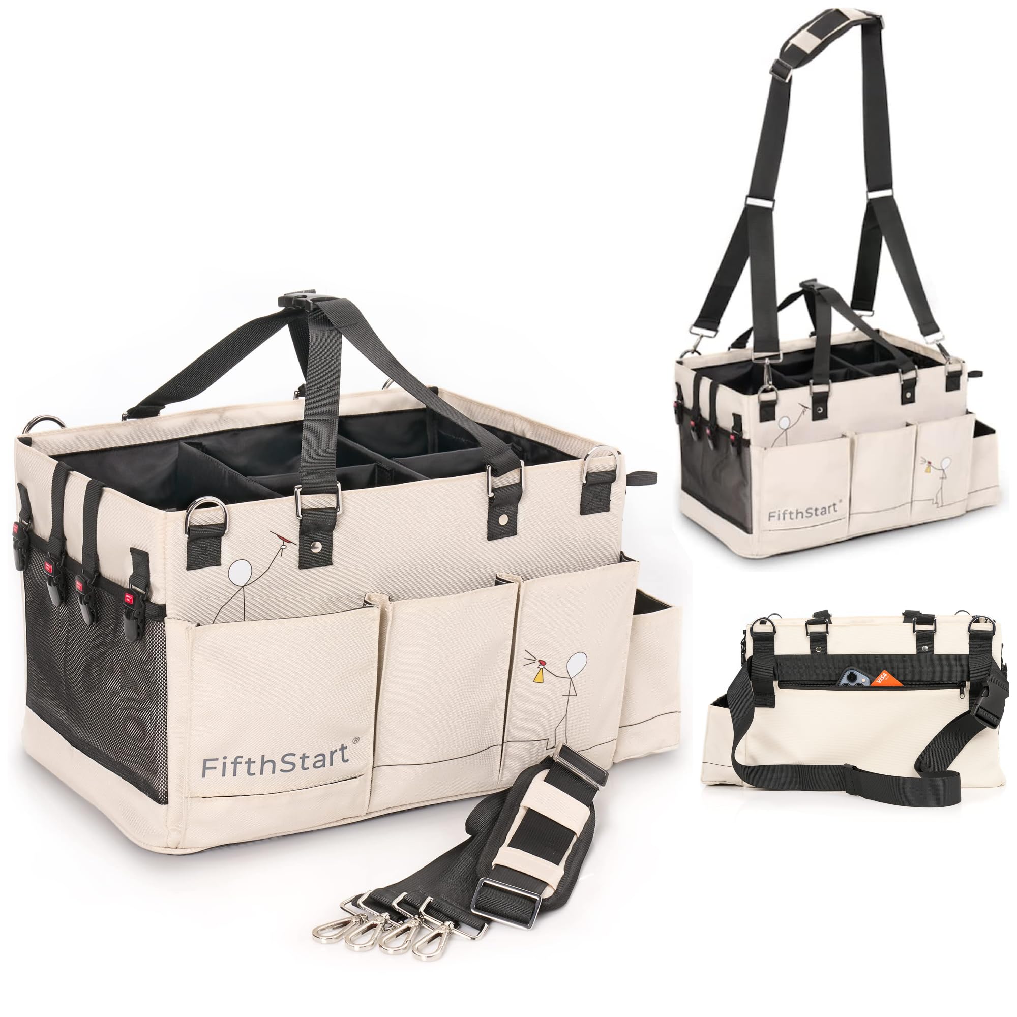 FifthStart Multiuse Cleaning Caddy with Waist & Shoulder Strap,9 Pockets Professional Bag, Mesh Base & Adjustable Compartments - Beige Large Organizer with Handle - Cleaning Caddy Bag (Beige, Large) Image