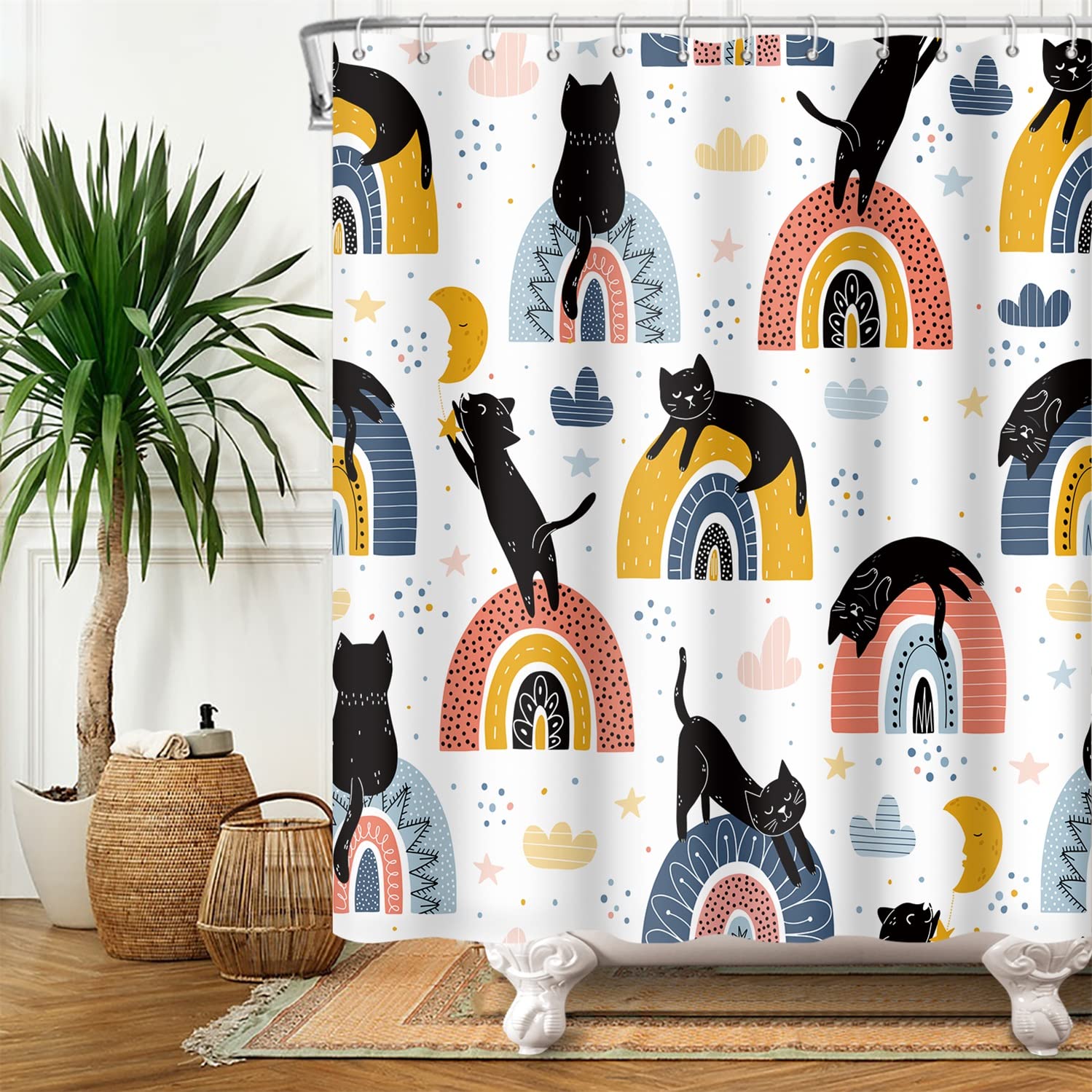 SDOTPMT 180x198cm Cute Animal Shower Curtain Abstract Cartoon Black Cat Colorful Rainbow Bath Curtain Funny Pets Theme Bathtub Curtain for Child Bathroom Decor Waterproof Polyester with Hooks