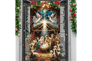 QIYEYEYE Nativity Christmas Door Covers for Front Doors Decoration Religious Holy Night Jesus Scene Fabric Nativity Door Cover Decor Christmas for Outdoor Porch, Holiday Xmas, Farmhouse Home Office Party