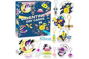 LACCHOUFEE Valentines Day Cards for Kids Classroom - 36 Pack Space Valentines Cards with Space Keychain, Valentine Party Favors for Boys Girls, Kids Exchange Cards for School - Ideal Valentine Gifts 6 designs