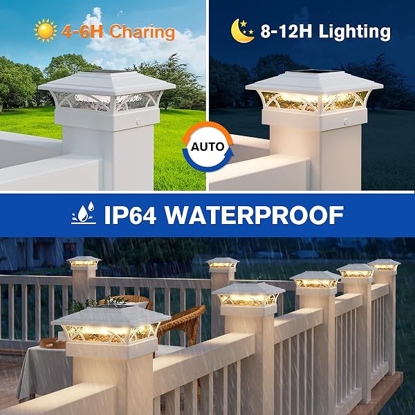 APONUO SOLAR POST CAP LIGHTS 12 PACK – 4X4 5X5 6X6 FENCE POST LIGHTS, AUTO ON/OFF, WATERPROOF IP64, 2-MODE (WARM/COOL WHITE), DECK PATIO YARD SOLAR LIGHT FOR WOOD & VINYL POSTS, WHITE