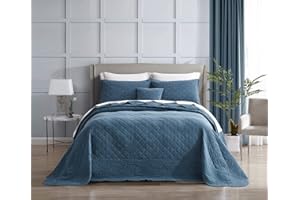 HZ & HY Oversized Queen Bedspread - Shabby Chic Rustic Look - Enzyme Washed, Ultra Soft & Lightweight, Reversible, Cotton/Polyester, 5 Piece, Queen, China Blue