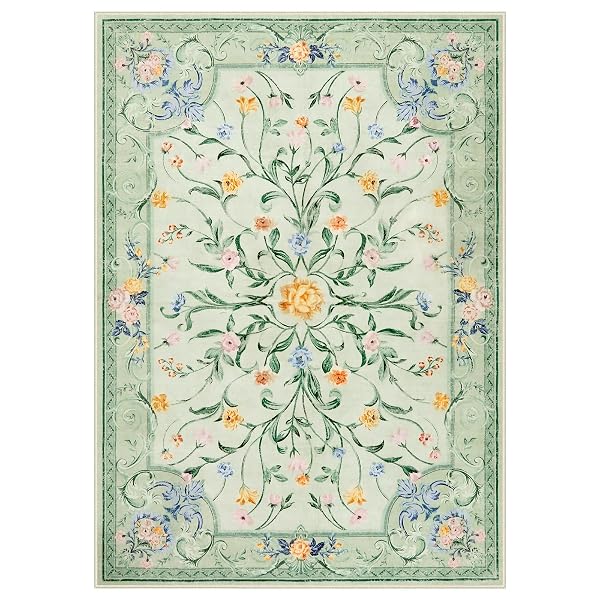 MOREBES 5X7 SAGE GREEN AREA RUGS, WASHABLE FLORAL NURSERY RUG NON SLIP, SOFT LOW PILE INDOOR FLOOR CARPET FOR LIVING ROOM DINING PLAYROOM HOME (SAGE GREEN 5’X7′)
