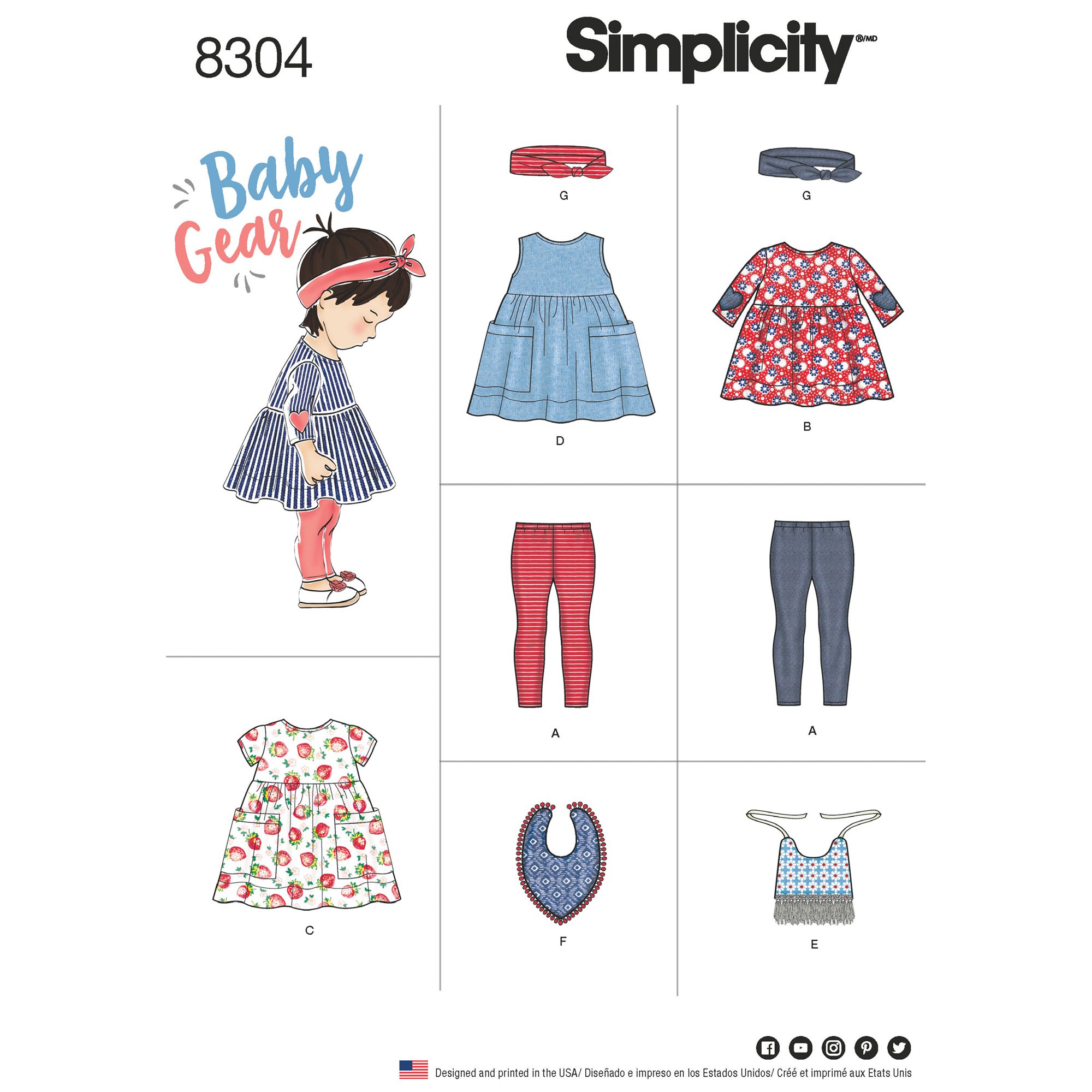 Simplicity Pattern 8304 A (XXS-XS-S-M-L) Babies', Leggings, Top, Dress, Bibs and Headband i, Paper, White, 22 x 15 x 1 cm