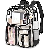 Black Clear Backpack, Heavy Duty PVC Clear Bag for Stadium Events, Transparent Backpack with Reinforced Straps & Stitches for Girls Boys, Large Capacity Bookbag for School, Travel, College, Work