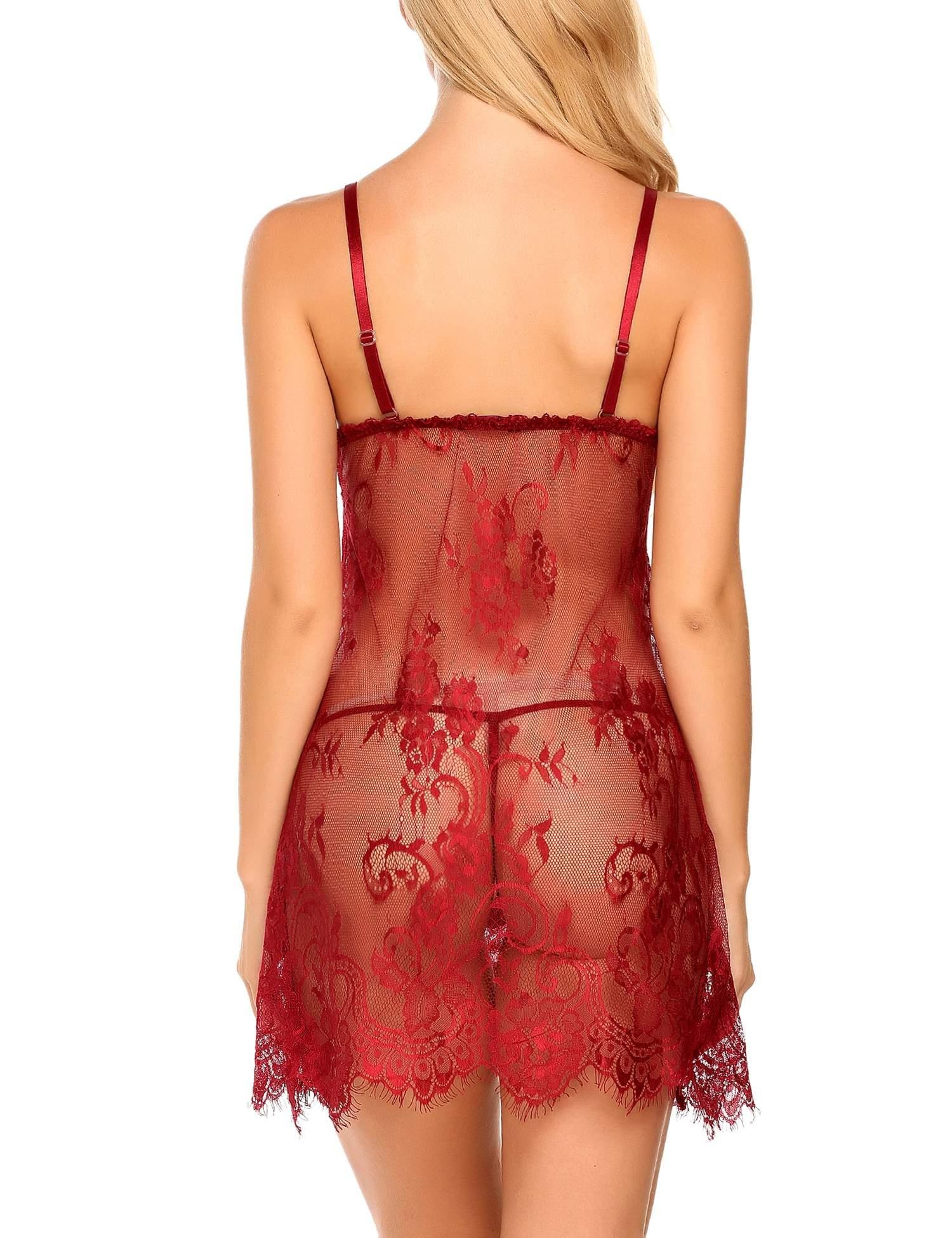 SloMes Floral Lace Nightwear Open Stitch Bodysuit Sexy Sleepwear G-String Lingerie Set