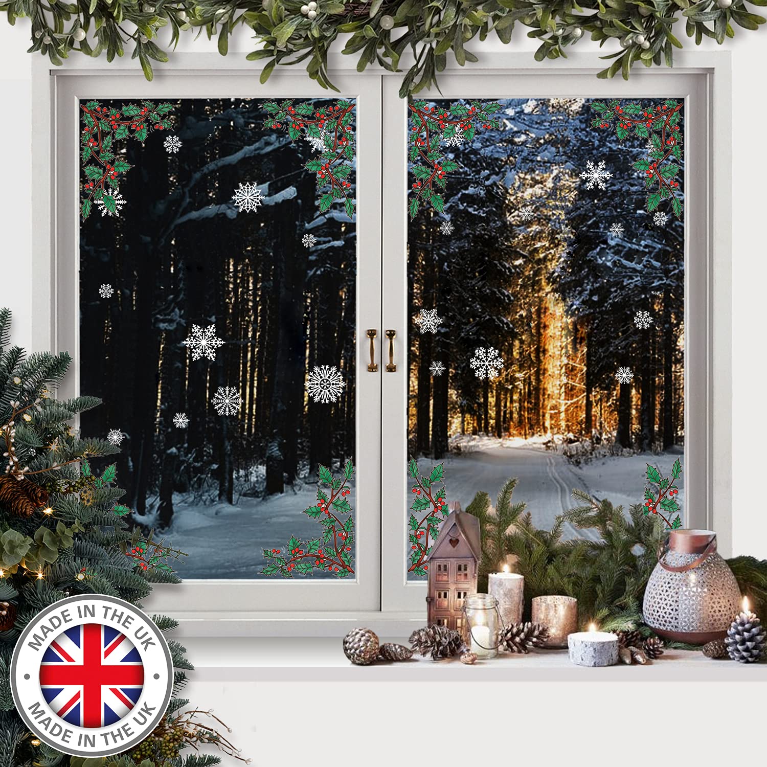 Pack of 2 Christmas Stained Glass Bauble Candle Arch Snowflake Window Stickers Cling (Holly)