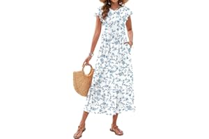 WNEEDU Women's Summer Casual Maxi Dresses 2026 Ruffle Sleeve Crewneck Loose Flowy Tiered Beach Dress with Pockets