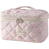 RSRSLEII Large Quilted Makeup Bag for Women and Girls, Cute Coquette Floral Cotton Cosmetic Bag, Aesthetic Travel Organized Toiletry Bags (08Small pinkbows)